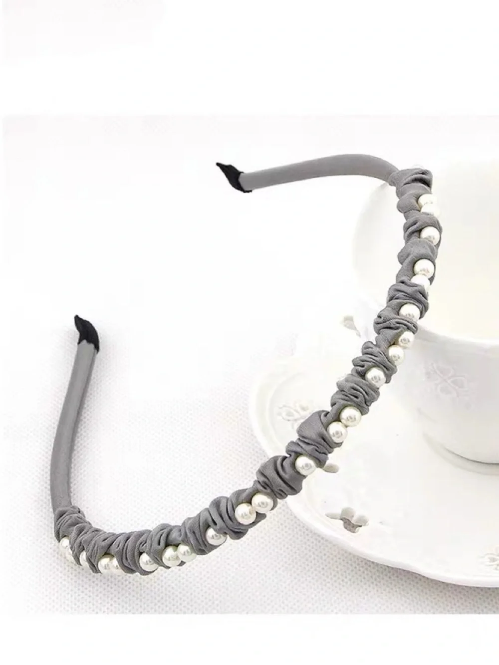 Vintage Gray Knotted Headband with Pearl Beading - Women Accessories